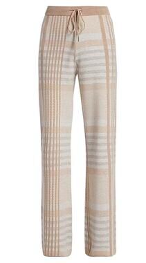 Elie Tahari XS Knit Lounge Pants Neutral Birdseye Plaid Wide Leg Soft Comfy Chic